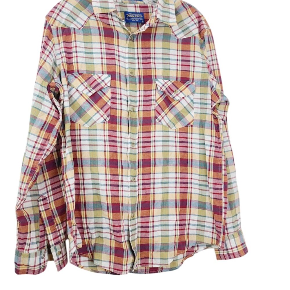 Pendleton Men's Green Red Plaid Madras Long Sleeve Button-Front Shirt Size M